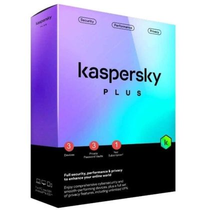 Kaspersky Plus 2024 - 3 Devices / 1 Year - Unlimited VPN / Anti-Phishing and Firewall / Password Manager / Online Banking Protection - Download