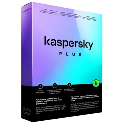 Kaspersky Plus 2024 - 5 Devices / 1 Year - Unlimited VPN / Anti-Phishing and Firewall / Password Manager / Online Banking Protection - Download