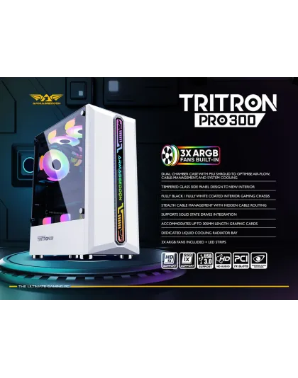 Armaggeddon Tritron Pro 300 ATX Gaming Case with 3x ARGB Fans - White