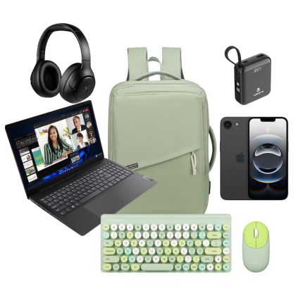 Lenovo_V15_AMD_R3_8_256_Iphone_16e_Bag_Headphone_Powerbank_KBM